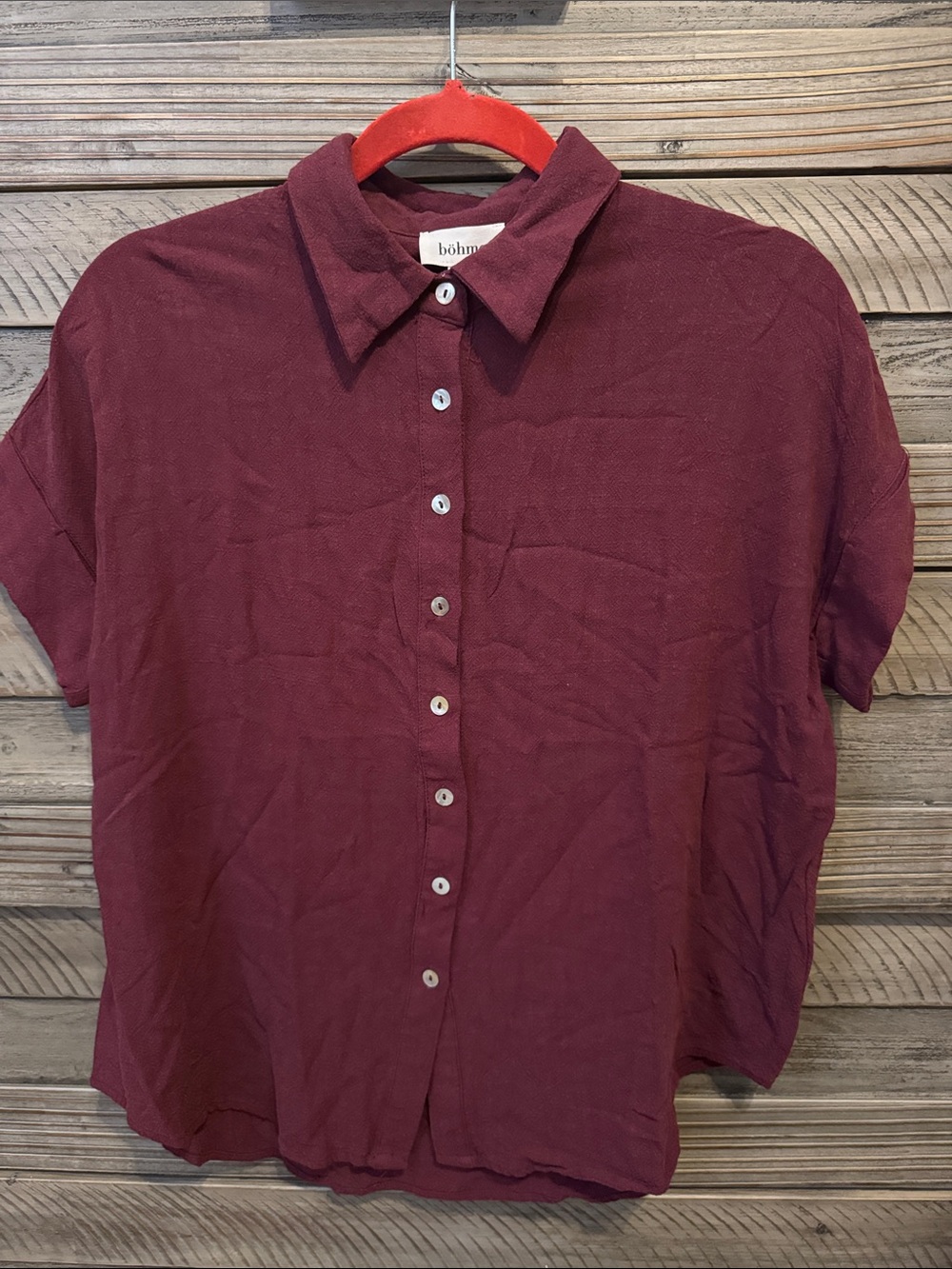 bohme Wine-Red Short Sleeve Button Down Shirt